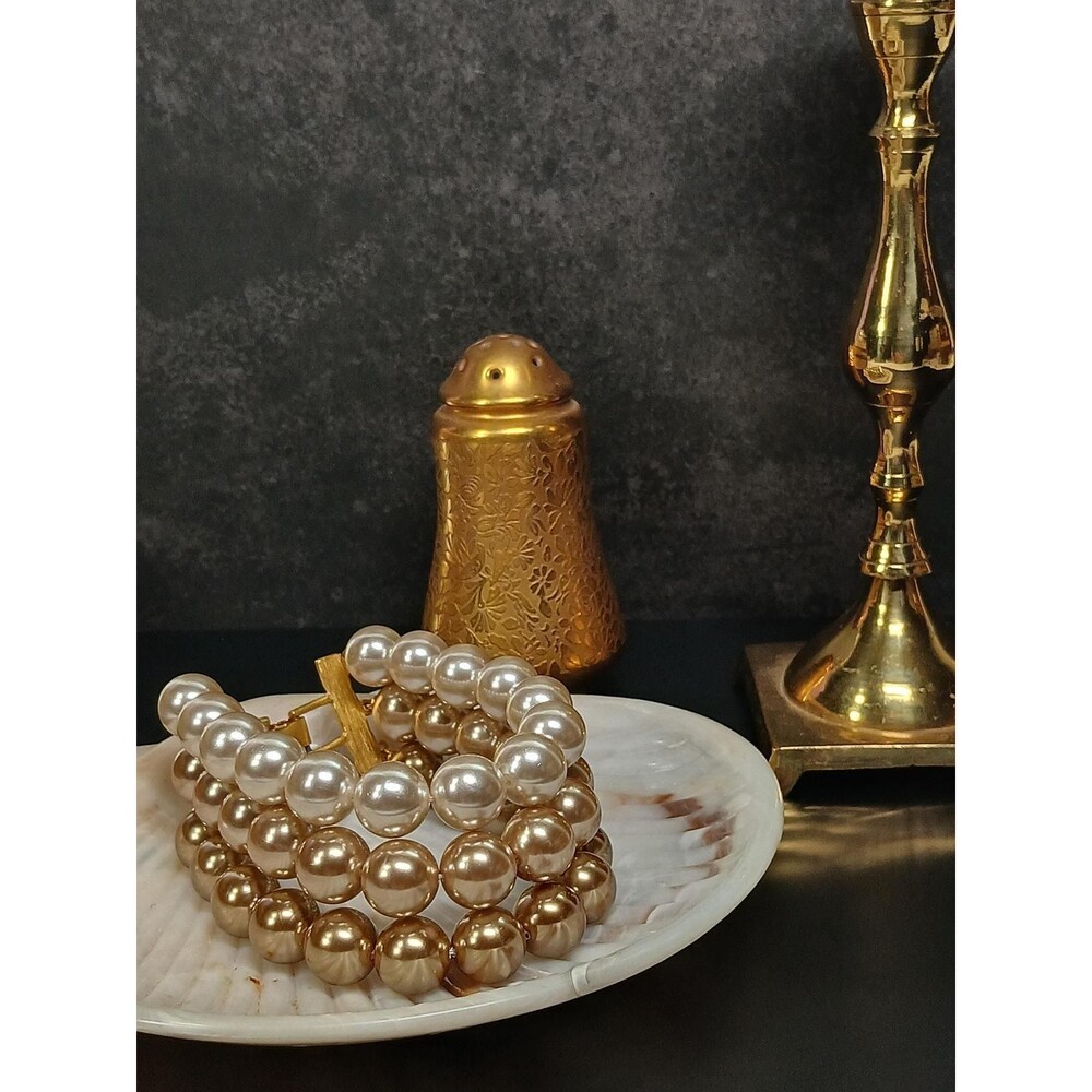 Three-Tone Faux Pearl Bracelet Gold Tone Box Clasp - Picture 13 of 16